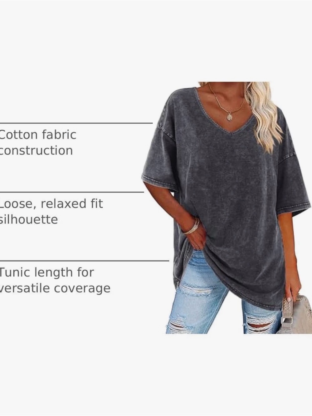 Washed Charcoal V-Neck Oversized Women's Top - Picture 4 of 8
